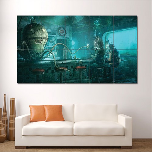 Underwater Bar Octopus Steampunk Kunstdruck Riesenposter 