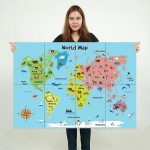 Cartoon Animal World Map For Kids Block Giant Wall Art Poster 