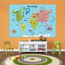 Cartoon Animal World Map For Kids Block Giant Wall Art Poster (P-1652)