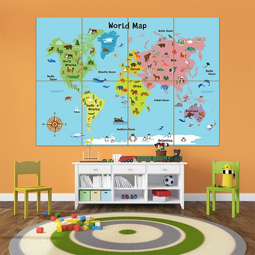 Cartoon Animal World Map For Kids Block Giant Wall Art Poster 