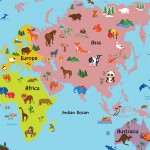 Cartoon Animal World Map For Kids Block Giant Wall Art Poster 