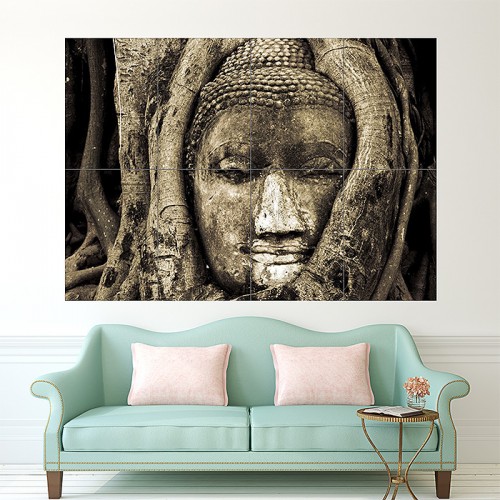 Face of Buddha in Tree Block Giant Wall Art Poster