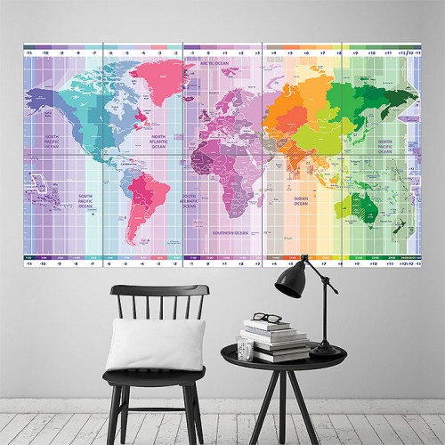 World Standard Time Zones Map Block Giant Wall Art Poster 