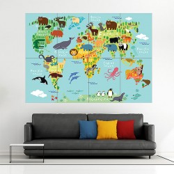 Animal World Map For Children And Kids Block Giant Wall Art Poster (P-1826)