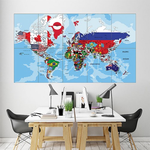 Map Of The World With Flags Block Giant Wall Art Poster 