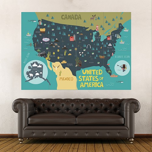 USA Landkarten für Kinder Map Wand-Kunstdruck Riesenposter