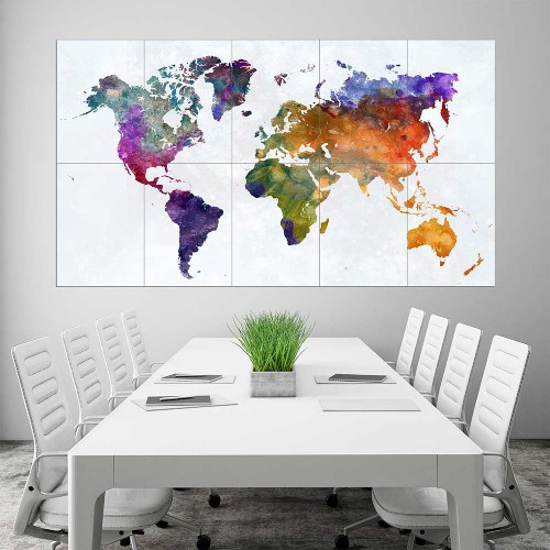 Weltkarte Aquarell bunt  Wand-Kunstdruck Riesenposter 