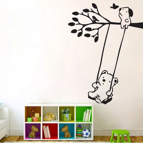 สติกเกอร์ติดผนัง  หมีห้อยบนต้นไม้ Bears on Tree Swing Wall Sticker 