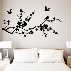 Birds Fly on Cherry Blossom Vinyl Wall Art Decal (WD-0070)