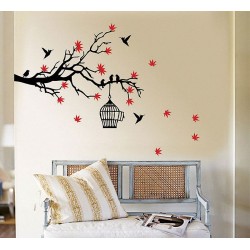 Tree Branch Blossoms with Birds and Birdcage Vinyl Wall Art Decal (WD-0157)