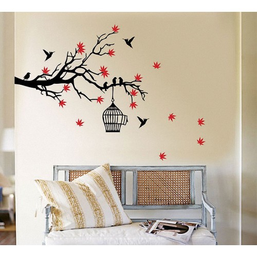 Tree Branch Blossoms with Birds and Birdcage Wall Art Decal 