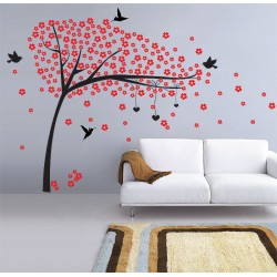 Red Flower Tree with Birds Vinyl Wall Art Decal (WD-0172)