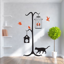 สติกเกอร์ติดผนัง Cat With Birds Wall Sticker (WD-0186)