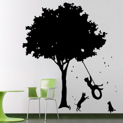 สติกเกอร์ติดผนัง The Boys on old Tire Swing and Dogs Wall Sticker (WD-0529)