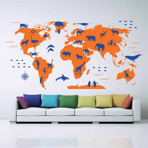 Large Animals World Map Vinyl Wall Art Decal