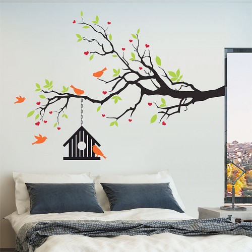 Tree Birdcase and Birds Vinyl Wall Art Decal 