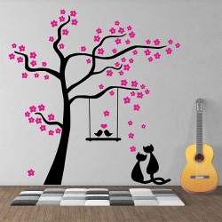 Baum Blumen mit Vögeln und Katze Wandaufkleber Wandtattoo (WD-1009)