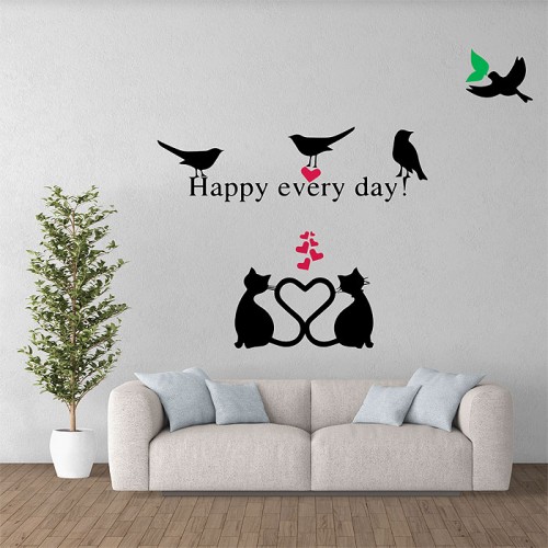 Birds and cats happy every day  สติกเกอร์ติดผนัง / Wall Sticker 