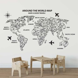 Around The World Map Vinyl Wall Art Decal (WD-1032)